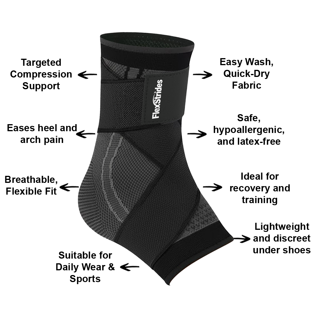 FlexStrides Adjustable Ankle Support Sleeve, your all-day solution for comfort, support, and pain relief.